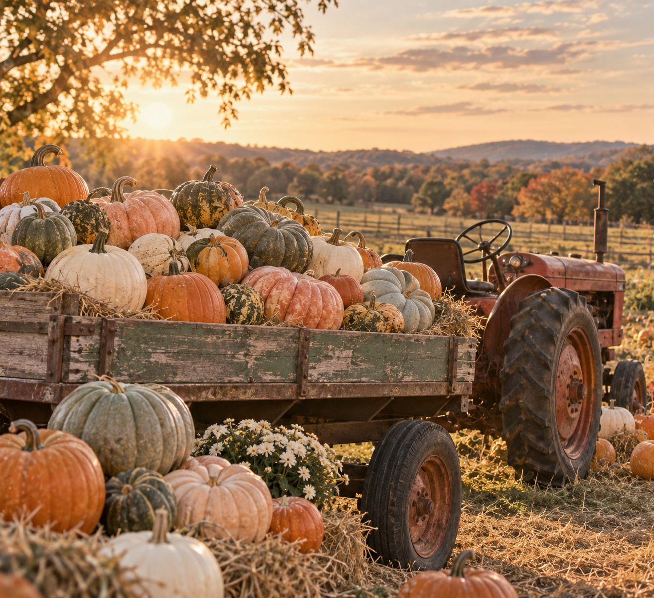 Free fall printable art - tractor full of pumpkins at sunset