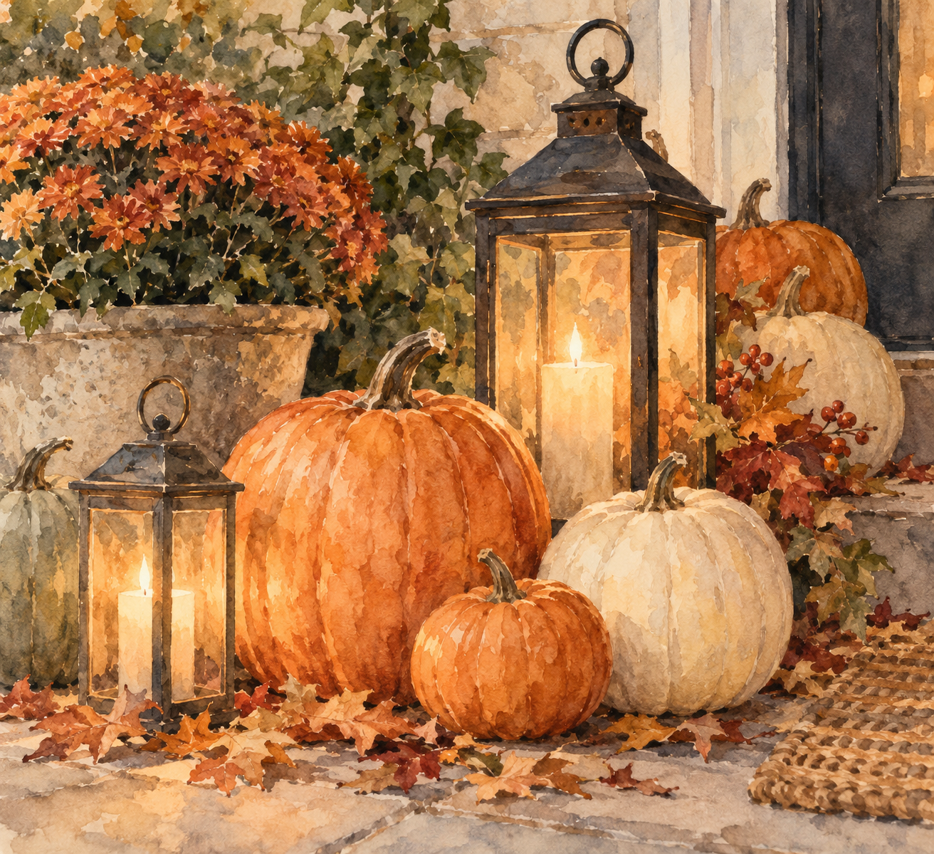 free fall printable art - pumpkins, mums and lanterns