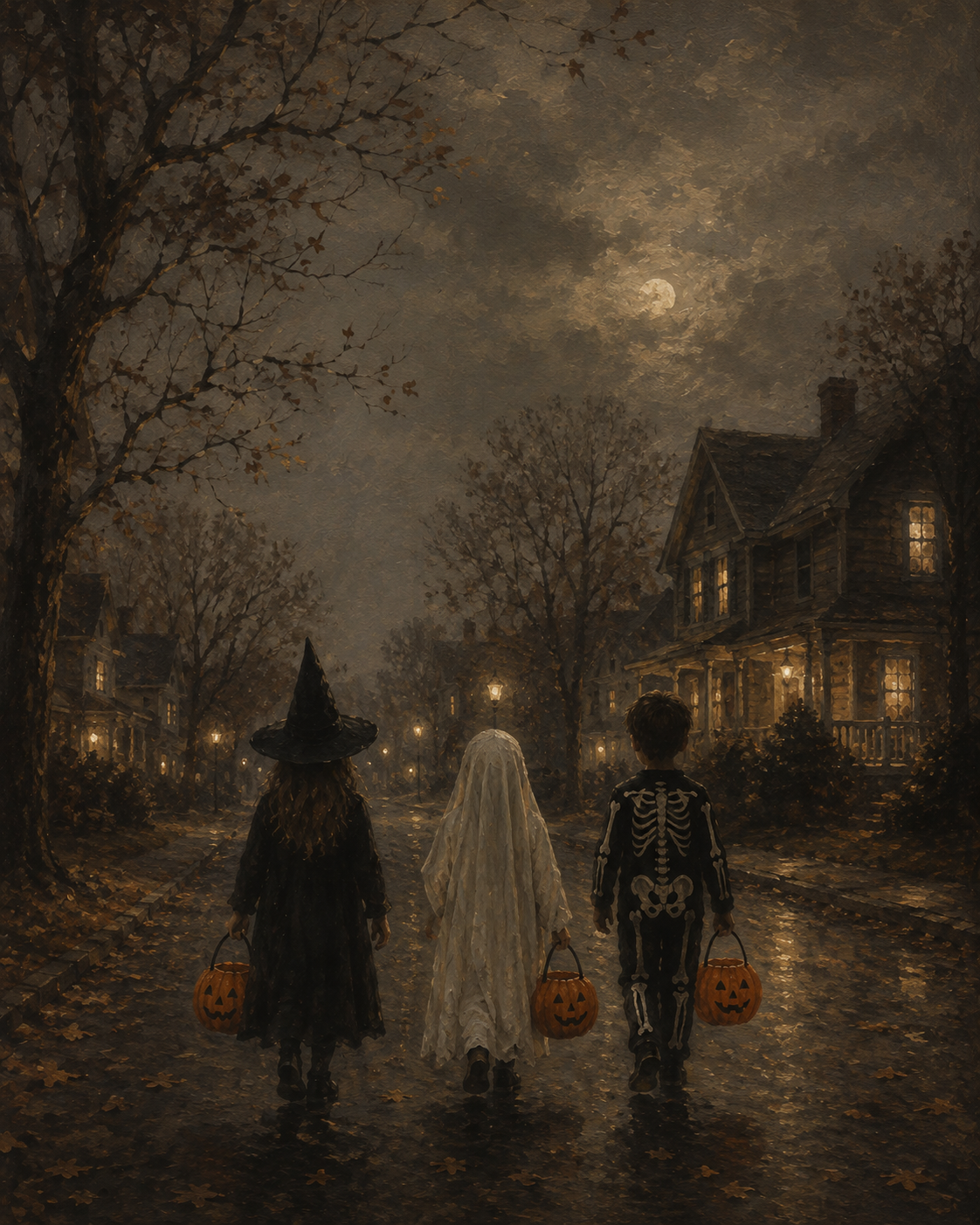 Free printable Fall Halloween art. Scene of kids going trick or treating.