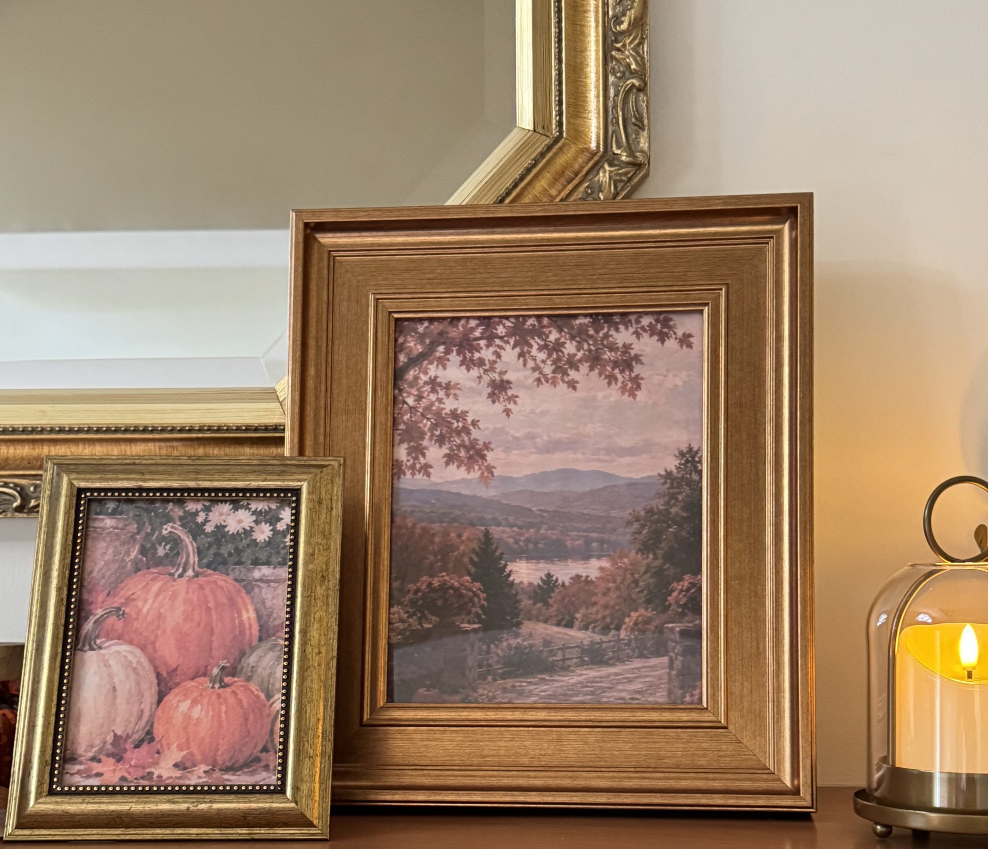 Free printable fall art for your home. Free printable art prints in gold frames displayed as decor