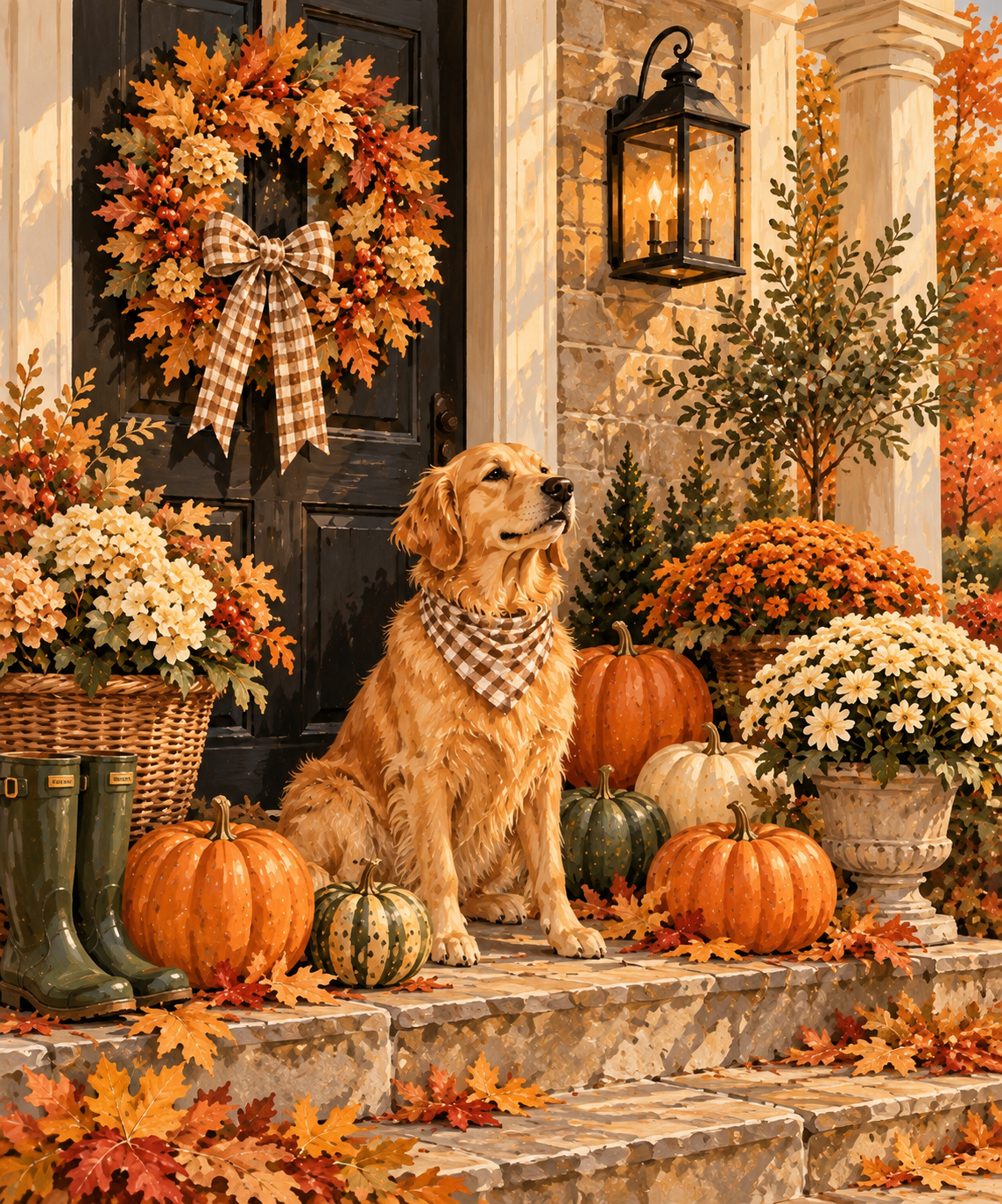Free fall printable artwork golden retriever on a fall front porch surrounded by pumpkins and mums
