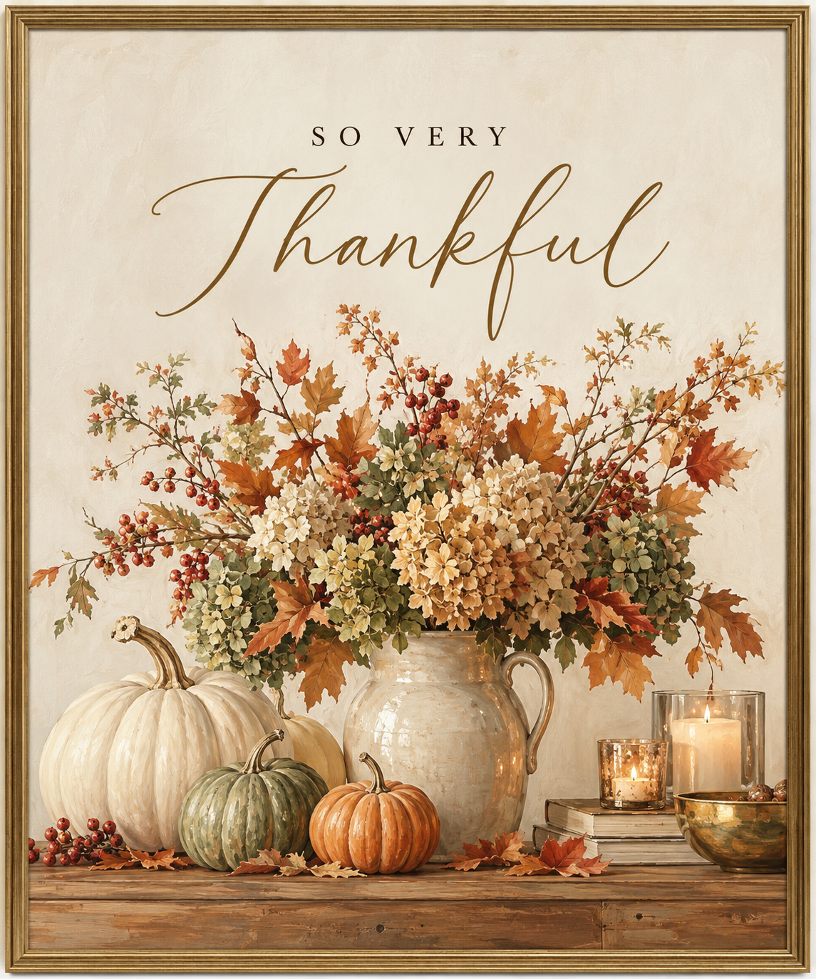 free fall printable art for Thanksgiving. So Very Thankful with vase of flowers and pumpkins